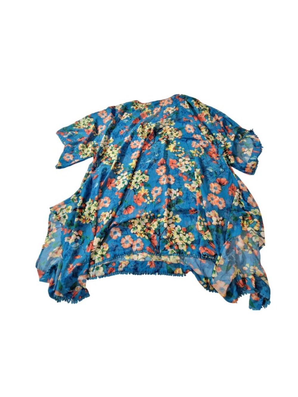 Lands' End womens Floral Sheer Blue Kimono Top With Pom Pom Trim Lightweight - Picture 2 of 10
